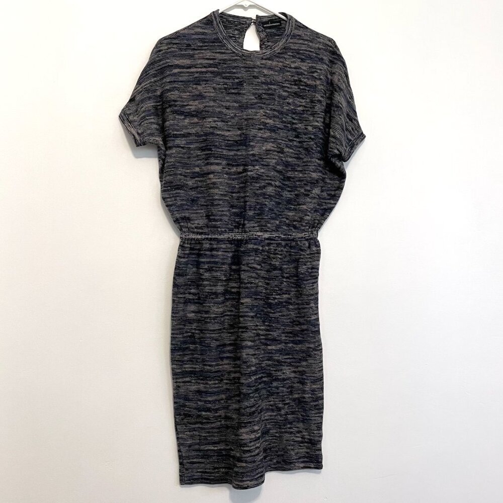MODA INTERNATIONAL Blue Cream Short Sleeve Cotton CASHMERE Midi Sweater Dress S